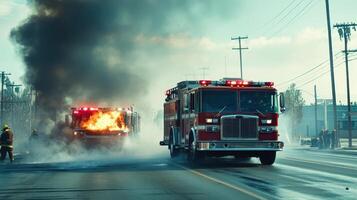 Firefighters respond to a blaze with two fire trucks at the scene of an emergency photo