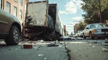 A damaged truck on a city street, surrounded by debris and parked cars photo