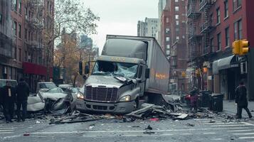 A truck crash scene on a city street, with damaged vehicles and debris scattered around photo