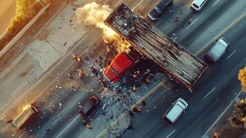 Aerial view of a truck accident with debris and smoke on the highway photo