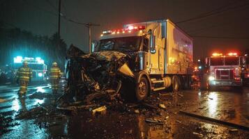 A serious truck accident scene at night with emergency responders and rain photo