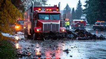 A red truck at an accident scene with emergency responders and debris on a rainy road photo