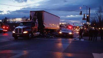 A truck and car collision at an intersection during twilight, with emergency responders present photo