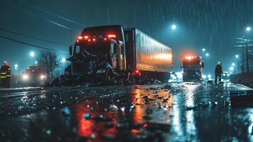 A nighttime truck accident scene with emergency responders in the rain photo