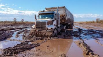 A truck stuck in muddy terrain, highlighting challenges in transport and logistics photo