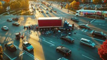 Aerial view of a serious truck accident at a busy intersection during sunset photo