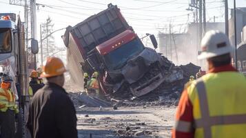A truck has overturned amidst a construction site, with workers assessing the situation photo