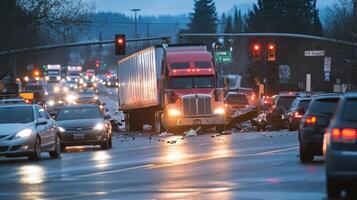 A truck accident scene on a busy road with debris and halted traffic photo