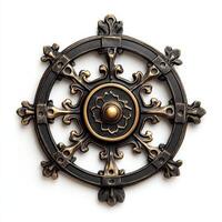 Ornate decorative wall piece featuring intricate metalwork and a central knob photo