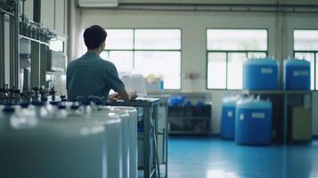 A person working in a laboratory with chemical containers in the background photo