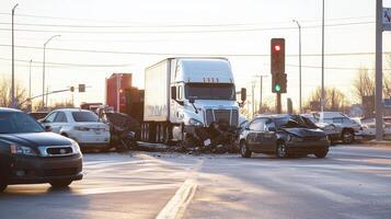 A serious traffic accident involving multiple vehicles at an intersection photo