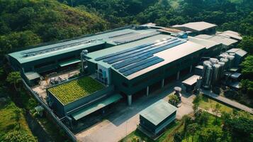 Aerial view of a green industrial facility with solar panels and surrounding greenery photo