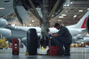 A technician inspecting an aircraft's landing gear in a hangar photo