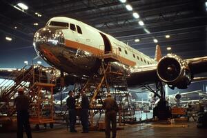 A vintage aircraft undergoing maintenance in a hangar with workers and equipment visible photo
