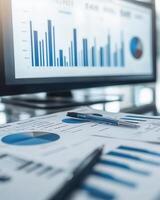 A workspace featuring reports and a monitor displaying data visualizations photo