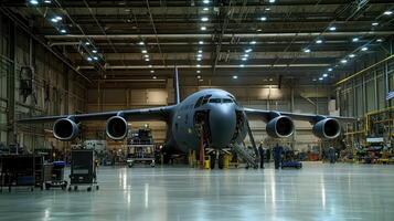 An aircraft in a hangar undergoing maintenance with tools and equipment around photo