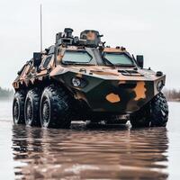 A military armored vehicle navigating through shallow water photo