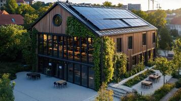 Modern eco-friendly building with solar panels and greenery photo