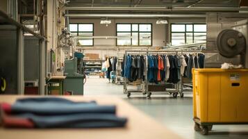 A spacious industrial workspace with clothing racks and neatly folded fabric photo