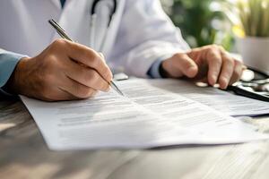 A medical professional signing documents with a pen, surrounded by a stethoscope and plants photo
