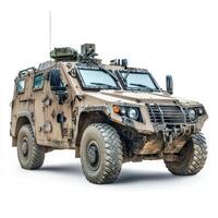 A rugged military vehicle designed for transport and protection in challenging environments photo