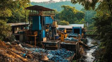 A waste processing facility surrounded by lush greenery, showcasing recycling efforts photo