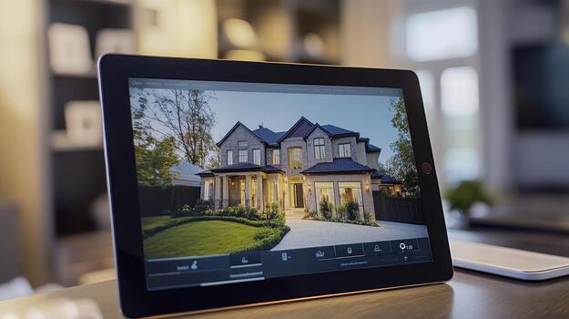 A tablet displaying an architectural rendering of a modern house in a landscaped setting photo