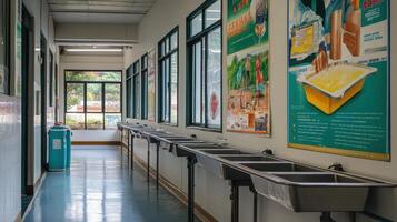 A hallway with multiple sinks and informative posters on the walls photo