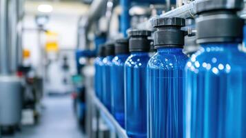 A row of blue bottles in a modern industrial setting, likely for liquid processing photo