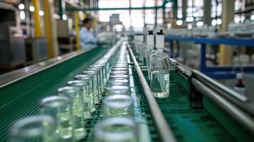 Laboratory setting with glass containers on a conveyor belt, likely for chemical analysis photo