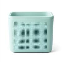 A light blue perforated storage bin designed for organization and utility photo