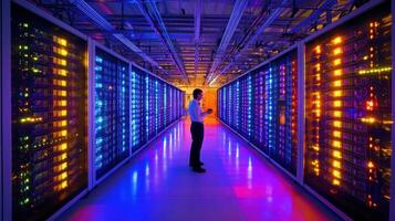 A person stands in a data center surrounded by illuminated server racks photo