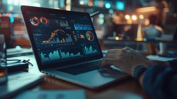 A person analyzing data on a laptop with various graphs and charts displayed photo