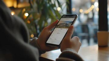 A person holding a smartphone, browsing a travel or accommodation app in a cozy caf photo