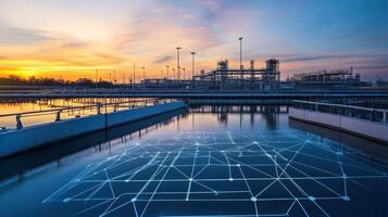 Industrial facility at sunset with digital network overlay on water surface photo