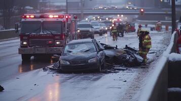 Emergency responders attend to a car accident on a snowy highway photo