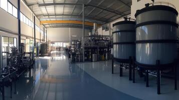 A spacious industrial facility with large tanks and processing equipment photo