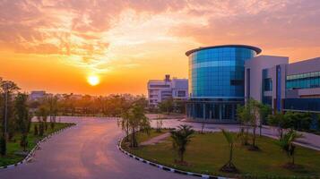 A modern building at sunset, surrounded by greenery and a winding road photo