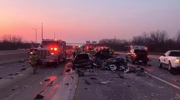 Emergency responders at a serious highway accident scene during twilight photo