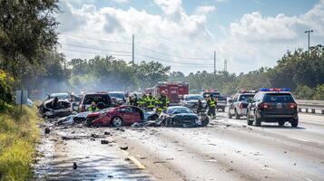 A serious multi-vehicle accident on a highway with emergency responders at the scene photo