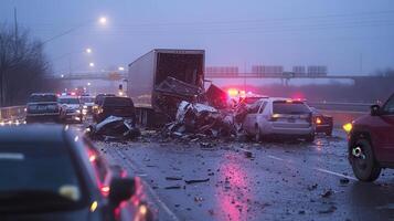 A serious multi-vehicle accident on a highway, with emergency response vehicles present photo