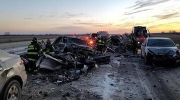Emergency responders at a multi-vehicle accident scene during sunset photo