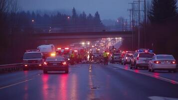 Emergency response scene on a highway with vehicles and personnel amid low light conditions photo
