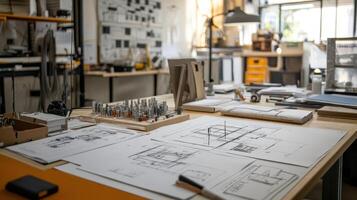 A workspace filled with architectural plans, models, and tools for design and creativity photo