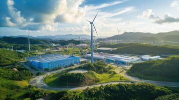 Aerial view of a wind farm near industrial buildings surrounded by green hills and mountains photo