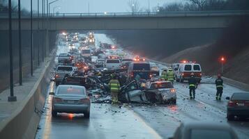 A multi-vehicle accident on a highway with emergency responders at the scene photo