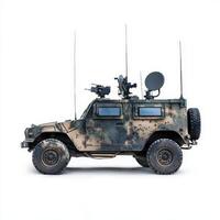 Military vehicle equipped for communication and defense, featuring antennas and weaponry photo