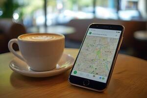 A coffee cup beside a smartphone displaying a map in a cozy caf setting photo
