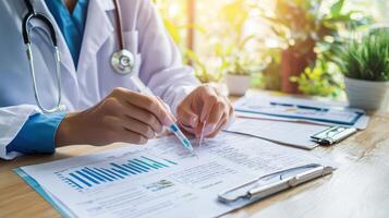 A healthcare professional analyzing data and reports at a desk with plants in the background photo