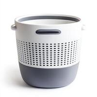 A modern, two-tone storage basket with perforated design for organization and utility photo